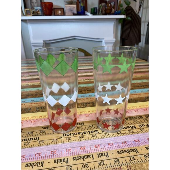 Unmarked Other - 2 Vintage Red Green White Diamond Star Atomic Pattern MCM Tumbler Drinking Glass